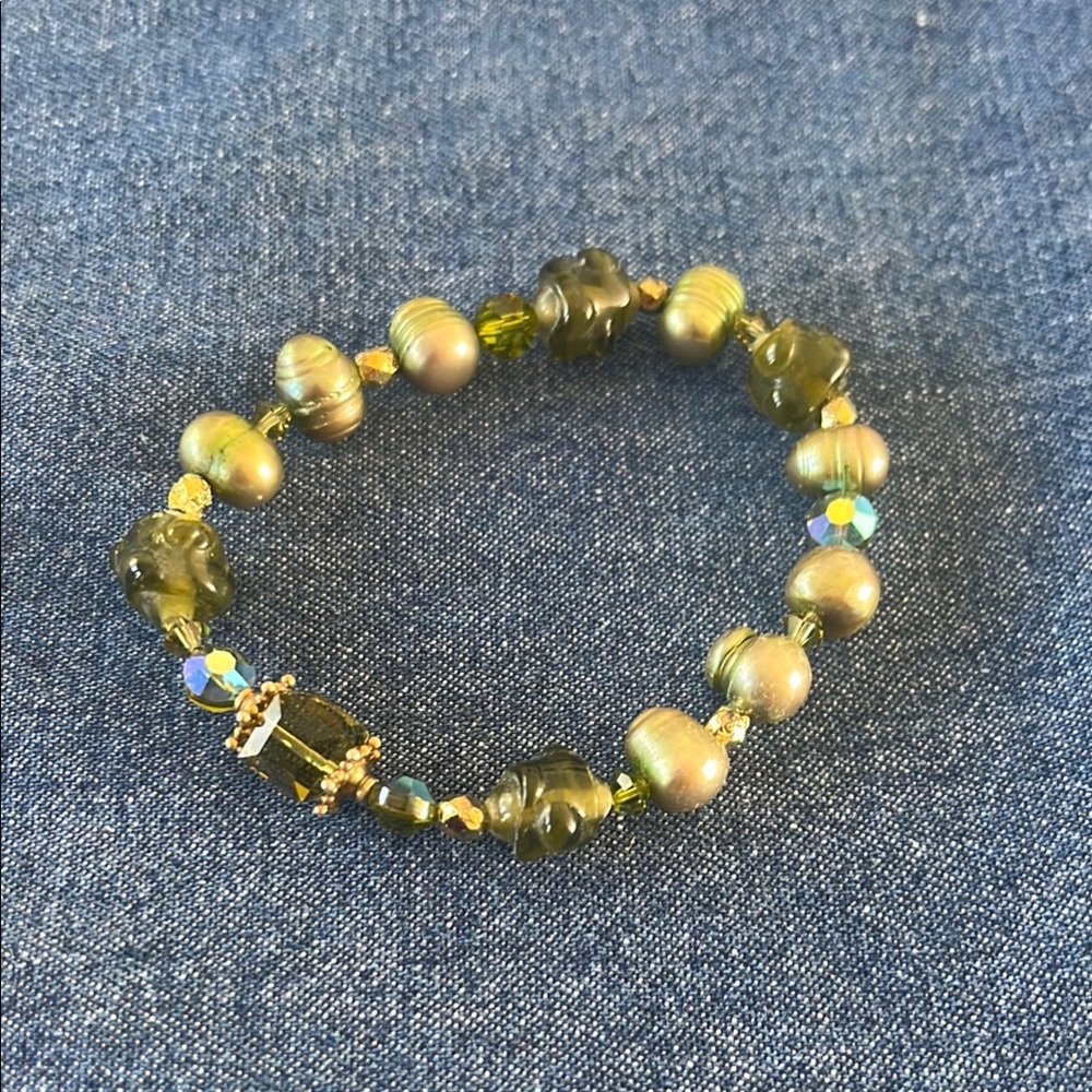 Freshwater Pearl Antique Glass & Swarovski Crystal Stretch Bracelet